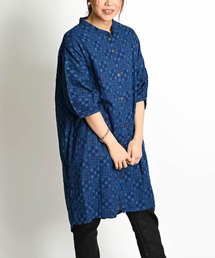 藍染め 7分袖 インディゴロングシャツ コットンシャツ