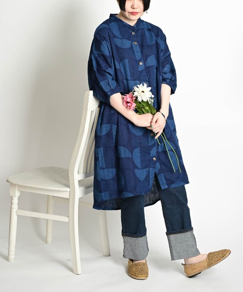 セール】藍染め 7分袖 インディゴロングシャツ（シャツ/ブラウス