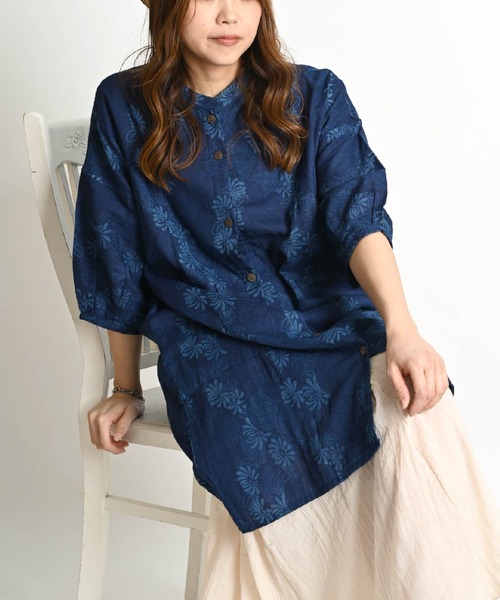 藍染め 7分袖 インディゴロングシャツ（シャツ/ブラウス