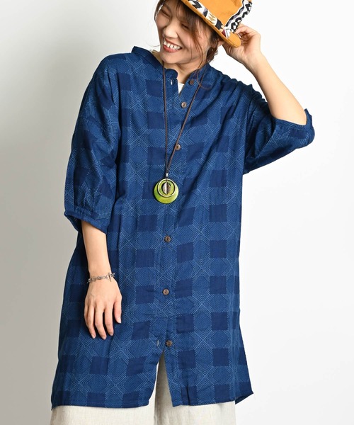 藍染め 7分袖 インディゴロングシャツ（シャツ/ブラウス