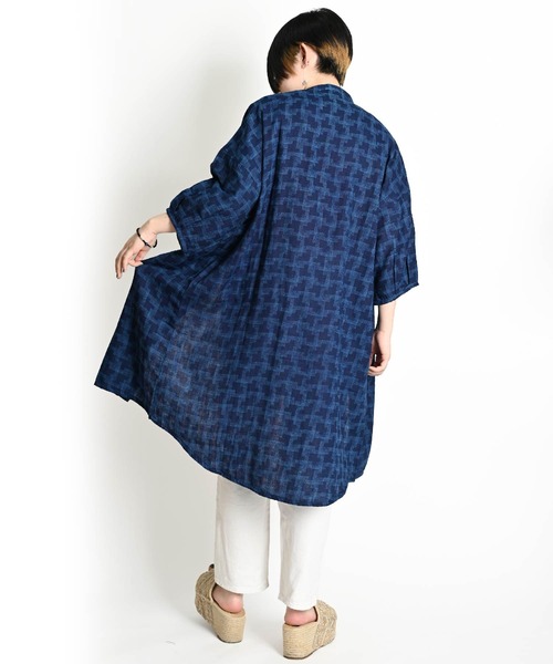 藍染め 7分袖 インディゴロングシャツ コットンシャツ（シャツ