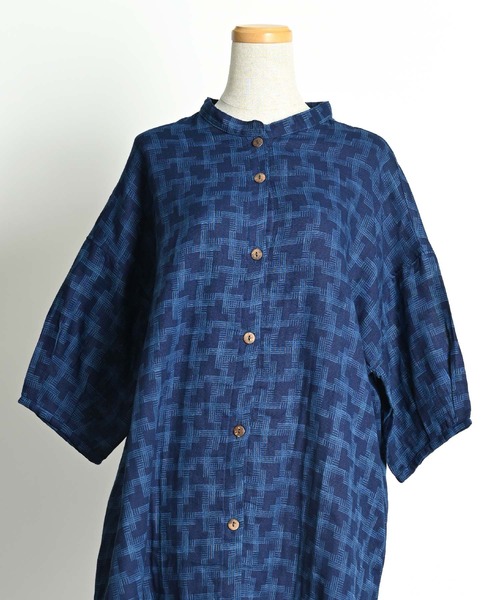 藍染め 7分袖 インディゴロングシャツ（シャツ/ブラウス