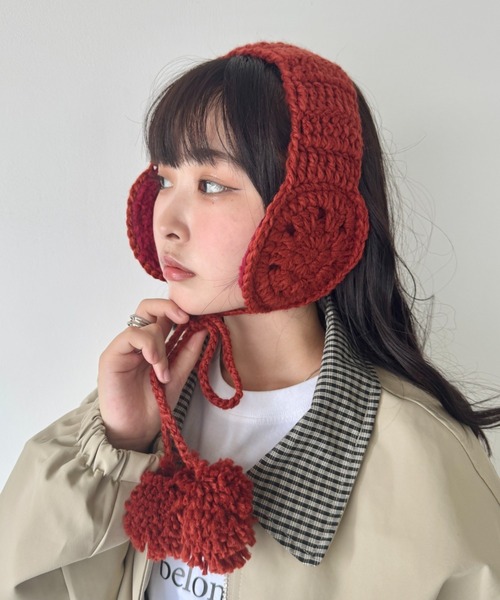 セール】フラワークロシェ編みポンポンイヤーマフ（イヤーマフ