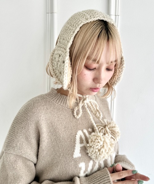 セール】フラワークロシェ編みポンポンイヤーマフ（イヤーマフ