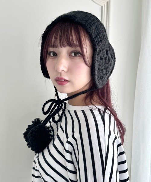 セール】フラワークロシェ編みポンポンイヤーマフ（イヤーマフ