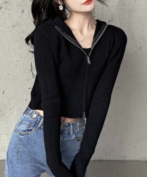 セール】ダブルジップコンパクトニットパーカー（ニット/セーター