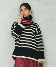 カラータートルネックボーダーニット