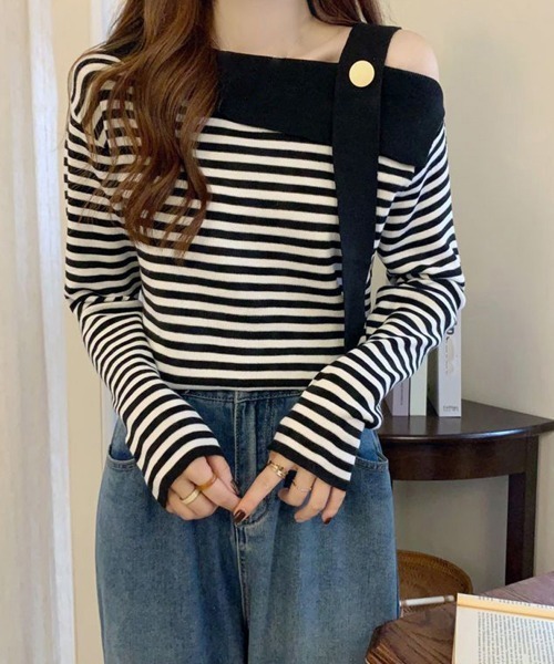 Miniministore（ミニミニストア）の「ワンショルダー ボーダー柄ニットトップス（ニット/セーター・レディース・ベージュ/ブラック・FREE）」の2枚目の写真