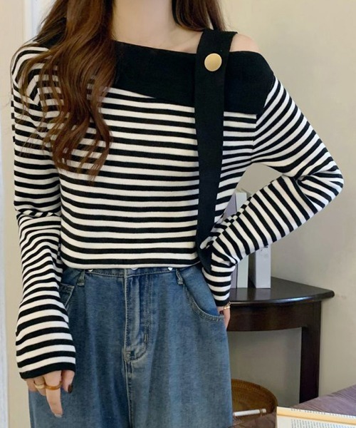 Miniministore（ミニミニストア）の「ワンショルダー ボーダー柄ニットトップス（ニット/セーター・レディース・ベージュ/ブラック・FREE）」の3枚目の写真
