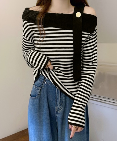 Miniministore（ミニミニストア）の「ワンショルダー ボーダー柄ニットトップス（ニット/セーター・レディース・ベージュ/ブラック・FREE）」の4枚目の写真