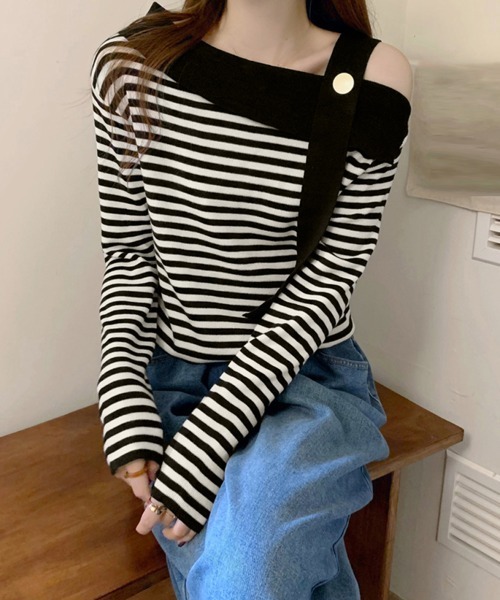 Miniministore（ミニミニストア）の「ワンショルダー ボーダー柄ニットトップス（ニット/セーター・レディース・ベージュ/ブラック・FREE）」の6枚目の写真