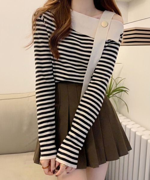 Miniministore（ミニミニストア）の「ワンショルダー ボーダー柄ニットトップス（ニット/セーター・レディース・ベージュ/ブラック・FREE）」の7枚目の写真