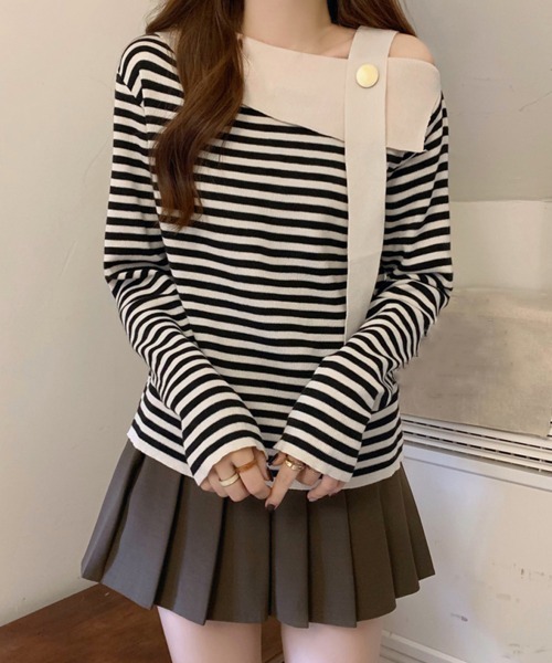 Miniministore（ミニミニストア）の「ワンショルダー ボーダー柄ニットトップス（ニット/セーター・レディース・ベージュ/ブラック・FREE）」の8枚目の写真