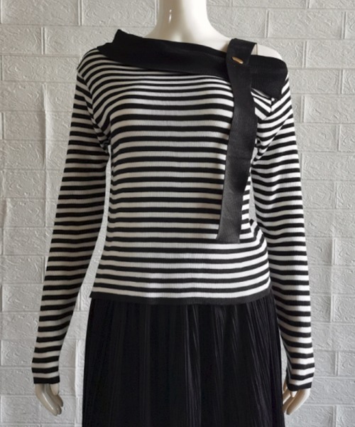 Miniministore（ミニミニストア）の「ワンショルダー ボーダー柄ニットトップス（ニット/セーター・レディース・ベージュ/ブラック・FREE）」の9枚目の写真