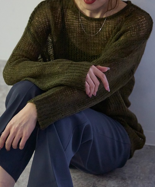 TRIANGLE PALETTE(トライアングルパレット)の「シアーモヘアタッチロングニットプルオーバー(ニット/セーター・レディース・ピンク/ダークグレー/カーキ/アイボリー/ブラック/ブラウン・FREE)」の14枚目の写真