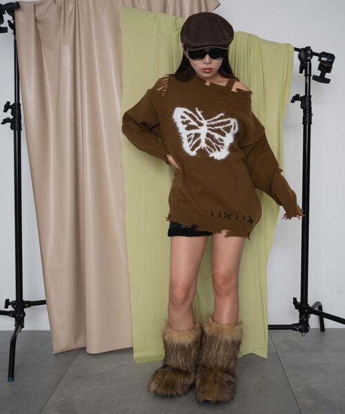 dispark（ディスパーク）の「DISPARK/バタフライダメージワンショルダーニット（ニット/セーター・レディース・ブラウン/ブラック・FREE）」の4枚目の写真