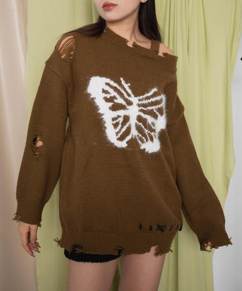 dispark（ディスパーク）の「DISPARK/バタフライダメージワンショルダーニット（ニット/セーター・レディース・ブラウン/ブラック・FREE）」の10枚目の写真