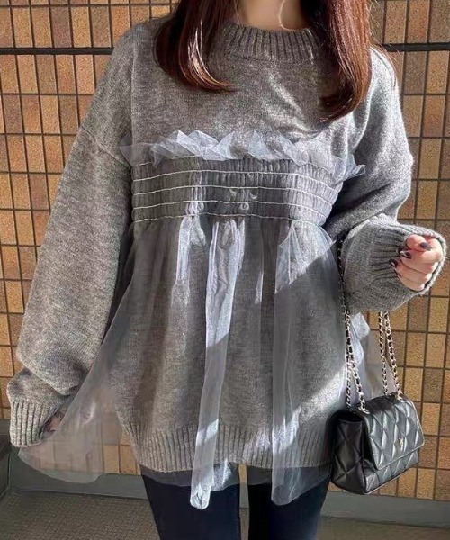 GEMEDA(ジェメダ)の「チュール切り替えルーズシルエットニットトップス(ニット/セーター・レディース・ブラック/グレー/アイボリー・M)」の10枚目の写真