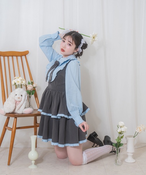 Honey Cinnamon（ハニーシナモン）の「ボウタイリボンストライプワンピース（ワンピース・レディース・サックスブルー/ピンク・FREE）」の4枚目の写真