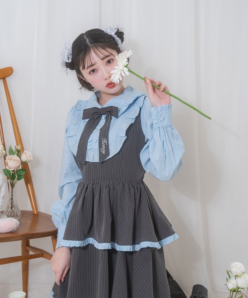 Honey Cinnamon（ハニーシナモン）の「ボウタイリボンストライプワンピース（ワンピース・レディース・サックスブルー/ピンク・FREE）」の3枚目の写真