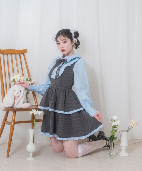 Honey Cinnamon（ハニーシナモン）の「ボウタイリボンストライプワンピース（ワンピース・レディース・サックスブルー/ピンク・FREE）」の5枚目の写真