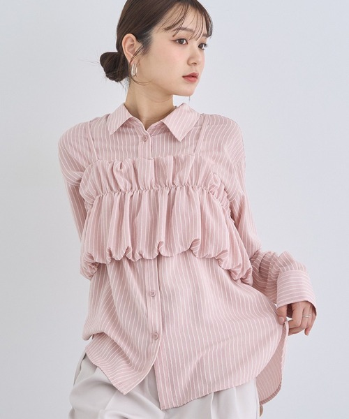 セール】SET2点起毛ストライプシャツ+バルーンビスチェ（シャツ