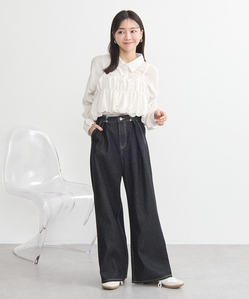 earth music&ecology(アースミュージックアンドエコロジー)の「SET2点起毛ストライプシャツ+バルーンビスチェ(シャツ/ブラウス・レディース・ピンク/ライトグレー/ブルー/オフホワイト・FREE)」の14枚目の写真