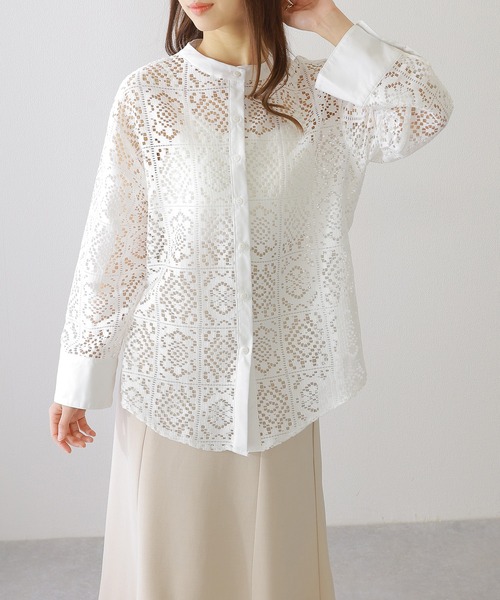 Lace Ladies(レースレディース)の「バンドカラー 総レース 長袖 フレア ブラウス(シャツ/ブラウス・レディース・チャコールグレー/ホワイト/ブラック/アイボリー・FREE/S)」の2枚目の写真