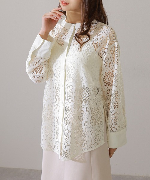 Gauze# ガーゼ バンドカラー レース 鹿の子 ブラウス 長袖 シャツ セール】バンドカラー 総レース 長袖 フレア ブラウス（シャツ