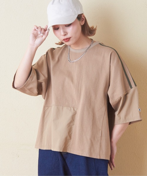 CUBE SUGAR（キューブシュガー）の「ナイロン×カットソーライン入りドルマンスリーブＴシャツ（Tシャツ/カットソー・レディース・スミクロ/ナチュラル/ベージュ/カーキ・M）」の3枚目の写真