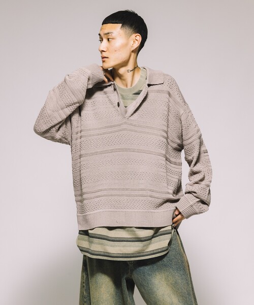 FREAK'S STORE(フリークスストア)の「ヘリテージボーダー ポロカラーニット(ニット/セーター・メンズ・ベージュ/ホワイト/チャコールグレー/サックスブルー・MEDIUM/LARGE)」の15枚目の写真