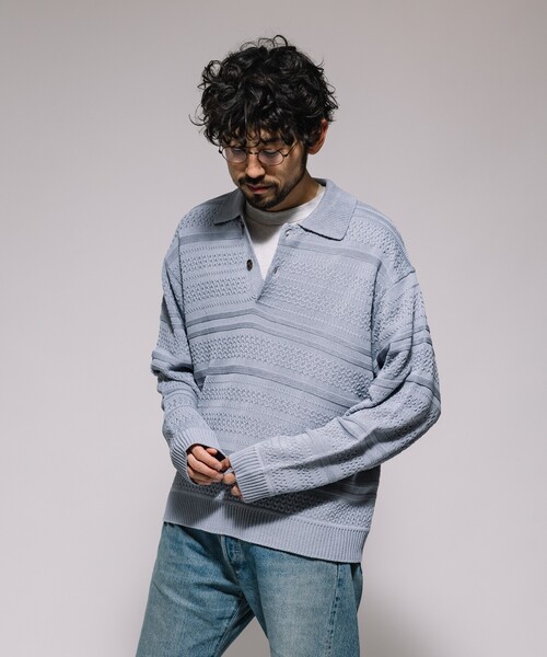 FREAK'S STORE(フリークスストア)の「ヘリテージボーダー ポロカラーニット(ニット/セーター・メンズ・ベージュ/ホワイト/チャコールグレー/サックスブルー・MEDIUM/LARGE)」の21枚目の写真