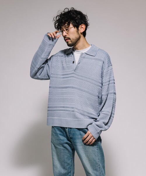 FREAK'S STORE(フリークスストア)の「ヘリテージボーダー ポロカラーニット(ニット/セーター・メンズ・ベージュ/ホワイト/チャコールグレー/サックスブルー・MEDIUM/LARGE)」の22枚目の写真