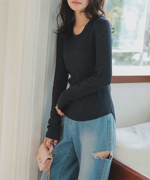 KOBE LETTUCE（コウベレタス）の「[ M L ]深Uネックシアーリブニットトップス（ニット/セーター・レディース・ピンク/イエロー/ベージュ/ブラック系/グレー・L/M）」の21枚目の写真