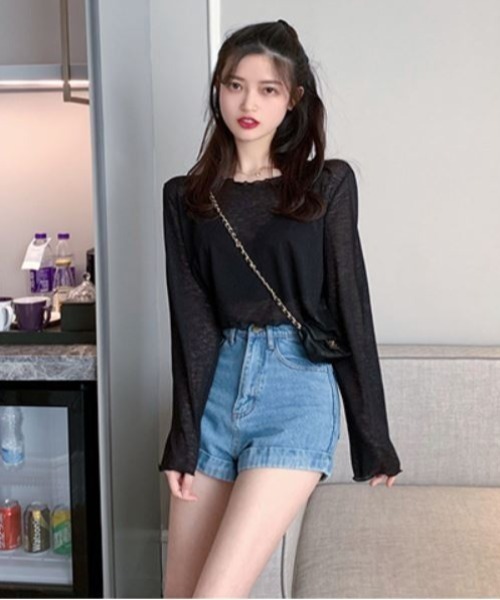 LETee(レティー)の「クロップド丈シースルーメローカットソー(Tシャツ/カットソー・レディース・ブラック/ホワイト/グリーン/パープル・FREE)」の8枚目の写真