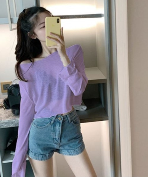 LETee(レティー)の「クロップド丈シースルーメローカットソー(Tシャツ/カットソー・レディース・ブラック/ホワイト/グリーン/パープル・FREE)」の13枚目の写真