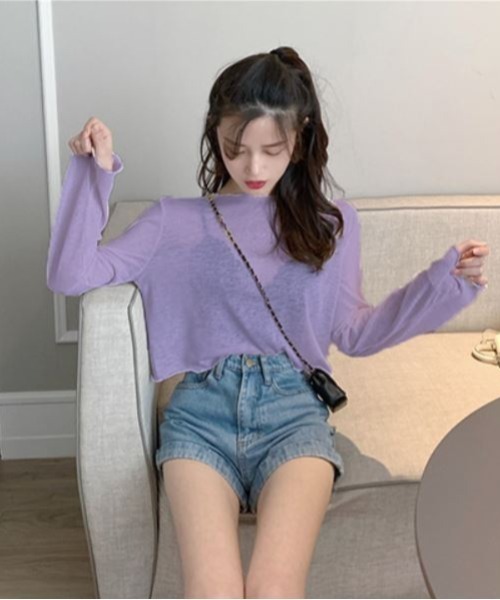 LETee(レティー)の「クロップド丈シースルーメローカットソー(Tシャツ/カットソー・レディース・ブラック/ホワイト/グリーン/パープル・FREE)」の14枚目の写真