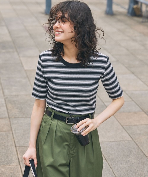 マルチボーダー フライス コンパクトトップス（Tシャツ/カットソー