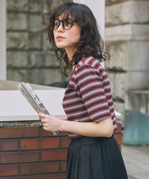 マルチボーダー フライス コンパクトトップス（Tシャツ/カットソー