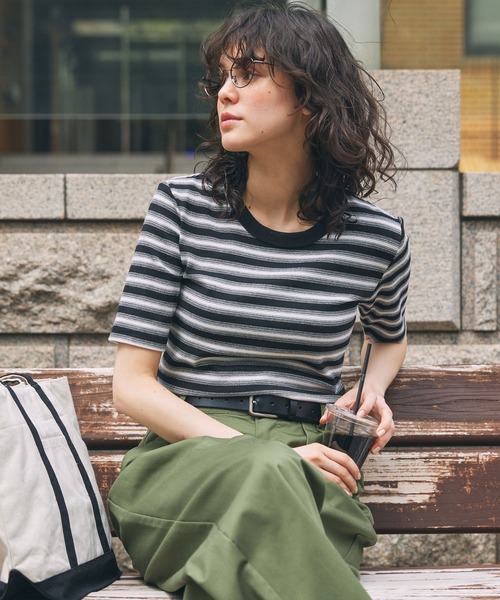 マルチボーダー フライス コンパクトトップス（Tシャツ/カットソー