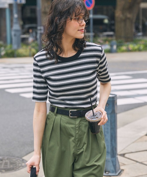 MONO-MART LADY'S（モノマートレディース）の「マルチボーダー フライス コンパクトトップス（Tシャツ/カットソー・レディース・ブラウン/ボルドー/ブラック・FREE）」の4枚目の写真