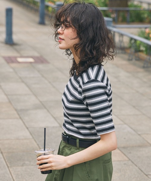MONO-MART LADY'S（モノマートレディース）の「マルチボーダー フライス コンパクトトップス（Tシャツ/カットソー・レディース・ブラウン/ボルドー/ブラック・FREE）」の6枚目の写真