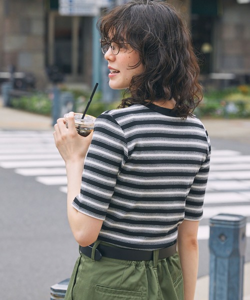 マルチボーダー フライス コンパクトトップス（Tシャツ/カットソー