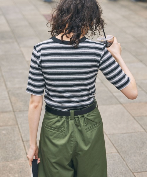 MONO-MART LADY'S（モノマートレディース）の「マルチボーダー フライス コンパクトトップス（Tシャツ/カットソー・レディース・ブラウン/ボルドー/ブラック・FREE）」の8枚目の写真