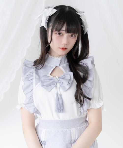 DearMyLove(ディアマイラブ)の「チャイナショルダーウィングブラウス(シャツ/ブラウス・レディース・ホワイト×ブルー/ホワイト×ブラック/ブラック×レッド/ブラック×ブルー/ホワイト×ピンク・SMALL/MEDIUM/LARGE/LL/3L)」の1枚目の写真