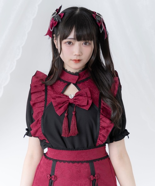 DearMyLove(ディアマイラブ)の「チャイナショルダーウィングブラウス(シャツ/ブラウス・レディース・ホワイト×ブルー/ホワイト×ブラック/ブラック×レッド/ブラック×ブルー/ホワイト×ピンク・SMALL/MEDIUM/LARGE/LL/3L)」の4枚目の写真