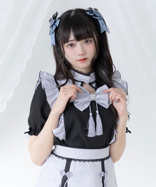DearMyLove(ディアマイラブ)の「チャイナショルダーウィングブラウス(シャツ/ブラウス・レディース・ホワイト×ブルー/ホワイト×ブラック/ブラック×レッド/ブラック×ブルー/ホワイト×ピンク・SMALL/MEDIUM/LARGE/LL/3L)」の5枚目の写真