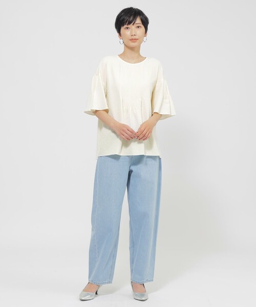 EVEX by KRIZIA（エヴェックスバイクリツィア）の「【カタログ掲載品】【1枚で決まる】【ウォッシャブル】サッカーストレッチフレアブラウス（シャツ/ブラウス・レディース・ダークネイビー/オフホワイト/ピンク・40）」の9枚目の写真