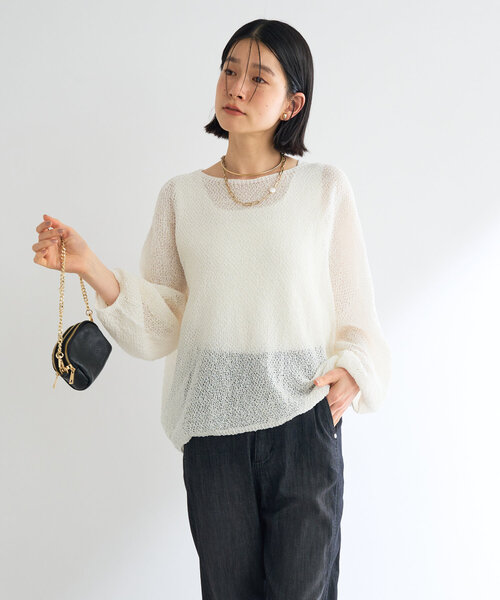 un dix cors（アンディコール）の「《軽量・通気性・吸水速乾性》スクエア和紙ニット（ニット/セーター・レディース・オフホワイト/チャコールグレー・FREE）」の4枚目の写真