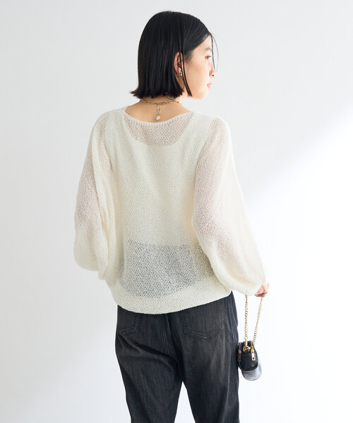 un dix cors（アンディコール）の「《軽量・通気性・吸水速乾性》スクエア和紙ニット（ニット/セーター・レディース・オフホワイト/チャコールグレー・FREE）」の6枚目の写真